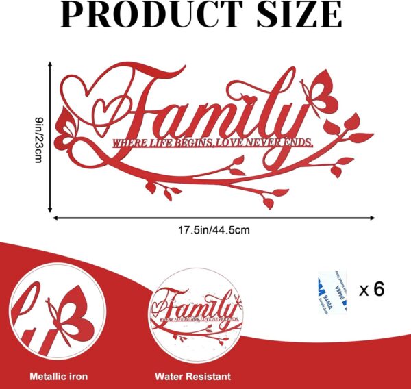 Family Where Life Begins Love Never Ends Word Sign Metal Wall Decor, Black Home Decor Wall Art Decorations, Letters Quotes Sign for Living Room Bedroom Kitchen Indoor Outdoor Decor(17.5", Red) - Image 2