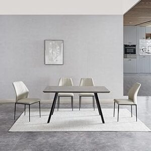 ZckyCine Modern 5-Piece Kitchen Table Set Rectangular Wood Dining Table with 4 Upholstered Leather Chairs (46.5" Table + 4 White Chairs)