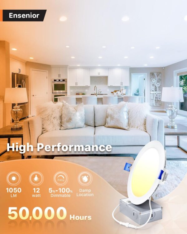 Ensenior 16 Pack Ultra-Thin LED Recessed Lighting 6 Inch 6CCT with Junction Box, 2700K-6000K Selectable, 12W 110W Eqv, Dimmable Can-Killer Downlight, 1050LM High Brightness - ETL - Image 2