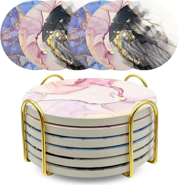 Sets of 6 Coasters for Drinks Absorbent, Marble Style Ceramic Drink Coaster for Coffee Table Decor, Suitable for Kinds of Cups, Great Home and Dining Room Decor (Black)