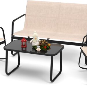 DWVO 4 Piece Patio Furniture Set, Outdoor Conversation Sets for Patio, Lawn, Garden, Poolside with Rocking Chair Set of 2 and Glass Coffee Table - Brown