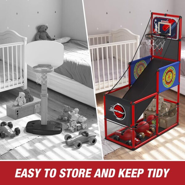 2 in 1 Basketball Arcade Game with 2 Dart Boards/Electronic Scoreboard/LED Light, Single Shot Kids Basketball Hoop for Home Indoor Outdoor, Sport Toys Gifts for Boys Girls Ages 3-12 Years Old - Image 6