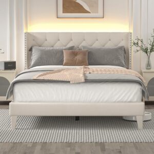 Full Size Bed Frame with Wingback Headboard, Upholstered Platform Bed Frame with Diamond Tufted Headboard & Lights, Wood Slat, Easy Assembly, Noise-Free, No Box Spring Needed, Beige