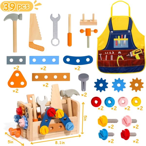 TONZE Kids Tool Set with Apron, Wooden Toddler Tool Bench Montessori Toys for 2 3 4 Year Old 39 PCS Educational STEM Construction Toys for Ages 2-4 Pretend Play Toddler Tool Birthday Gift for Boy Girl - Image 3