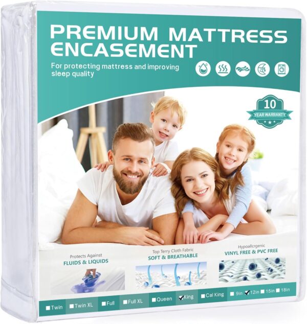 King Mattress Protector Cover 76"x80" Fits 9-12" Deep, Waterproof Mattress Encasement Cover with Premium Breathable Soft Terry Top Fiber for Your King Size Bed