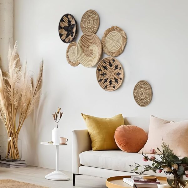 COYACOOL Hanging Woven Wall Basket Decor - Wicker Wall Baskets Decor Boho Flat set of 7 – Boho Wall Decor Art - African Baskets For Wall - Seagrass Basket Round Boho Wall Decor - Image 4