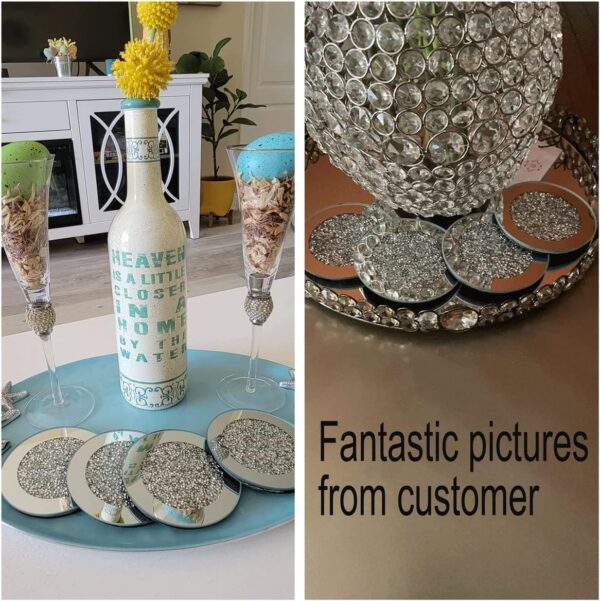 GIMORRTO Glass Mirrored Coaster 4 PC, Crushed Diamond Round 4" Cup Mat Decor on Tabletop for Bar Tools Dining Table - Image 3