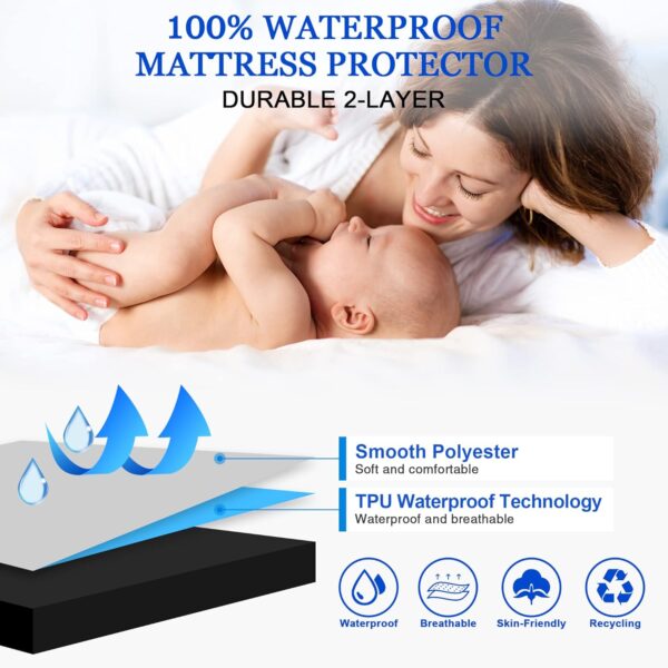Sufdari Mattress Protector,Waterproof 18" Deep Pocket Mattress Cover Fitted Sheet Style with Elastic Rubber Band,Washable and Easy Care-Black,Queen - Image 2