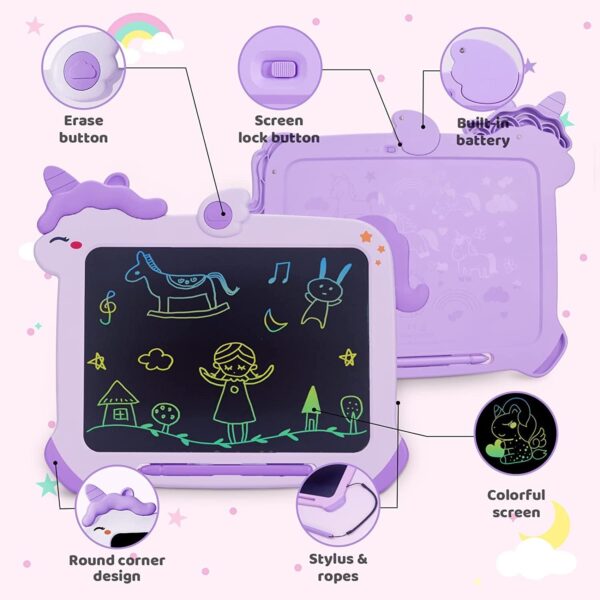 LCD Writing Tablet for Kids, Unicorn Colorful Screen Doodle Board, Toddler Educational Travel Toys, Christmas Birthday Gift for 3 4 5 6 7 Year Old Girls Purple - Image 3