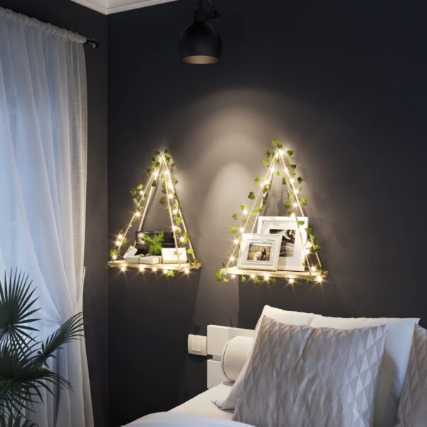 RICHER HOUSE Artificial Ivy LED-Strip Wall Hanging Shelves Set of 2, Macrame Shelf for Bedroom Bathroom Living Room Kitchen, Wood Hanging Plant Shelves for Wall Décor - Image 4
