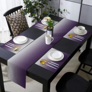 Table Runner with 6 Place Mats, Gray and Purple Gradient Color Cotton-Linen Dining Mat Sets Heat Resistant Washable Placemat for Dining Table/Kitchen/Living Room/Office/Picnic 13x90 Inch