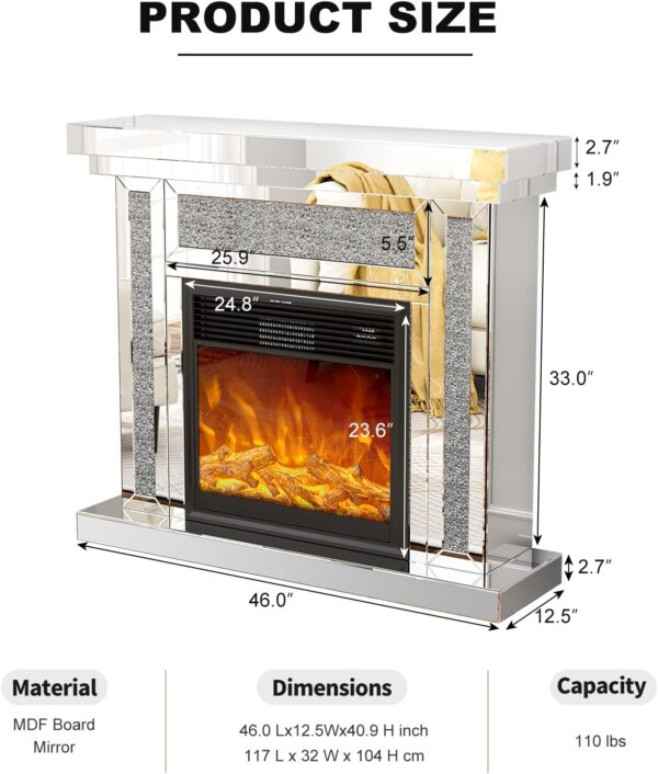 IKIFLY Mirrored Electric Fireplace TV Stand, 7 Colors Changing Mantel Freestanding Heater Corner Firebox w/3D Realistic Flame Effect, Remote Control (47.24" L x 12.59" W x 41.33" H) - Image 2