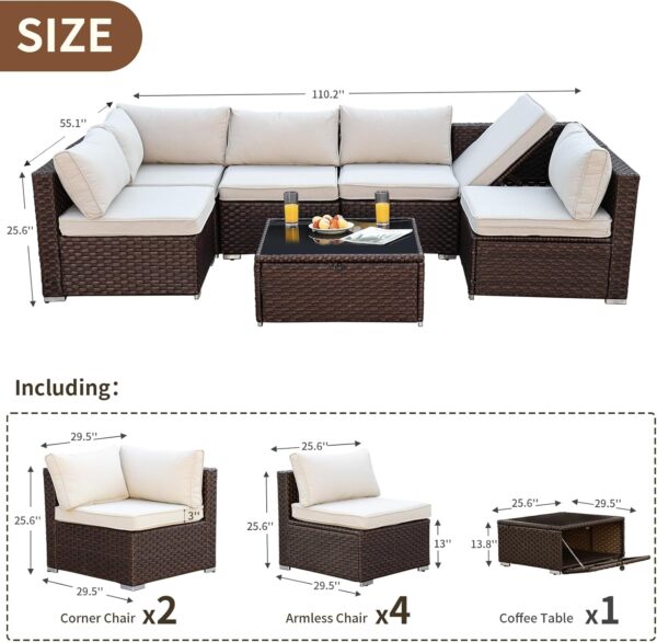 6 Pieces Outdoor Patio Furniture Set, Wicker Patio Conversation Set, Patio Sectional Furniture Set with 2 Swivel Rocker Patio Chair and Sofa, 2 Ottomans and Coffee Table (Grey) - Image 3