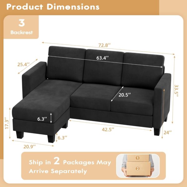 VICTONE Sectional Sofa Couch 3 seat L-Shaped Sectional Sofa with Linen Fabric Ottoman Small Couch for Small Apartments, Living Rooms and Offices (Declare, Deep Grey) - Image 2