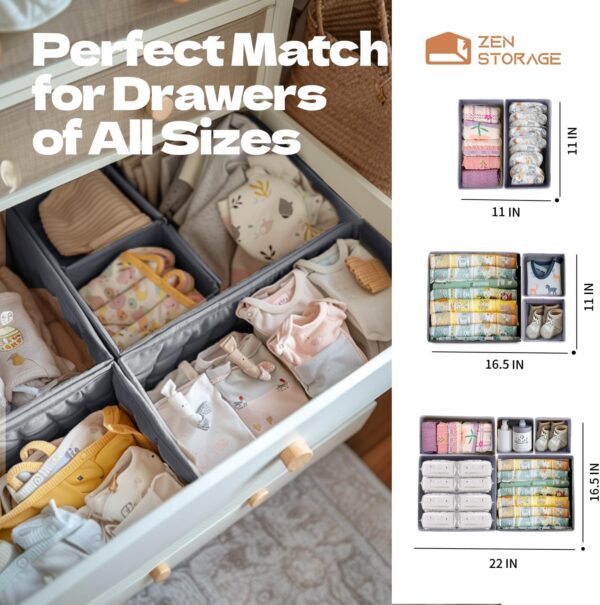 12 Pack Drawer Organizer for Baby Clothes, Nursery Drawer Organizer for Baby Diaper, Collapsible Deep Fabric Drawer Organizer with Zipper for Socks, Bra, Towels, Ties, Grey - Image 5