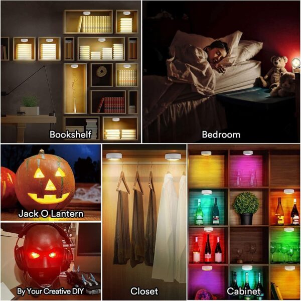 Onumii LED Puck Lights Battery Operated LED Under Cabinet Lighting Wireless Stick on Tap Lights with Remote Controll Color Changing Timer Function for Cabinets, Shelves, Closets - 6Pack White - Image 6