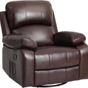 YITAHOME Oversized Rocker Recliner Chair with Heat and Massage, Lazy Boy Recliner with Overstuffed Armrest, Rocking Function and Side Pocket, Faux Leather Manual Reclining Chair for Living Room,Brown