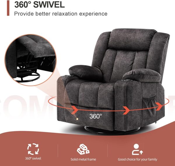 COMHOMA Recliner Chair Massage Rocker with Heated 360 Degree Swivel Lazy Boy Recliner Single Sofa Seat with Cup Holders for Living Room (Gray) - Image 4