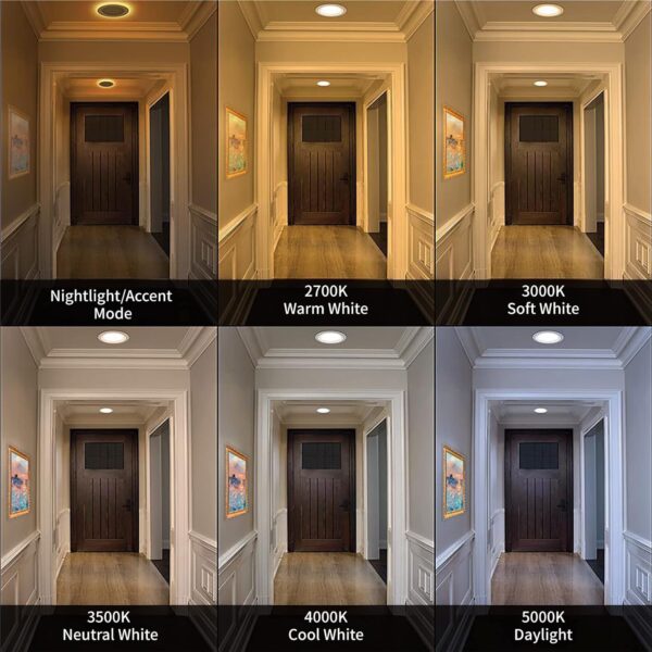 Meconard 6 Pack 4 Inch 5CCT LED Recessed Lighting with Night Light, 2700K/3000K/3500K/4000K/5000K Selectable Ultra-Thin LED Recessed Ceiling Lights, 9W=75W, 750LM, Dimmable Canless Wafer Downlight - Image 7