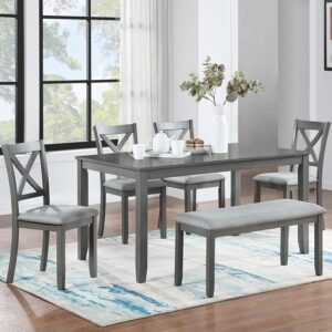 LUMISOL Dining Table Set for 4, Farmhouse Kitchen Table Set with 4 Upholstered Chairs and 1 Bench for 6 Persons, Solid Wood Dining Table with Bench and Chairs Set for Kitchen, Dining Room, Grey
