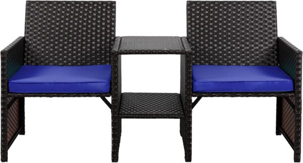 Shintenchi Wicker Patio Conversation Furniture Set with Detachable Chairs & Table and Two Removable Cushions,Rattan Wicker Lover Chair for Patio,Garden, Courtyard and Lawn Backyard (Blue) - Image 7
