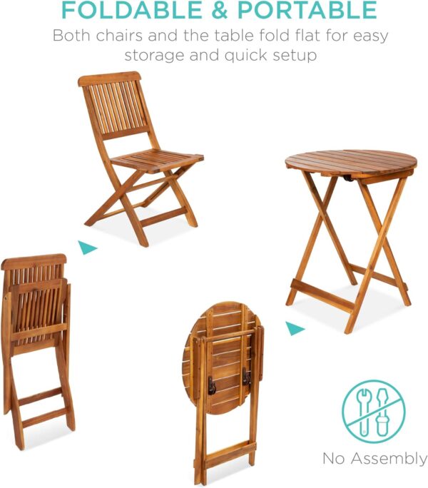 Best Choice Products 3-Piece Acacia Wood Bistro Set, Folding Patio Furniture for Backyard, Balcony, Deck w/ 2 Chairs, Round Coffee Table, Teak Finish - Natural - Image 2