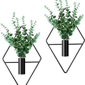 Jexine 2 Pcs Hanging Planters with Artificial Plants Metal Hanging Vase Indoor Plants Holder Modern Geometric Boho Wall Decor for Living Room Home Office(Black, Eucalyptus)