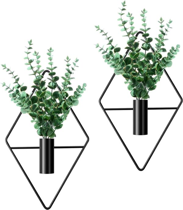Jexine 2 Pcs Hanging Planters with Artificial Plants Metal Hanging Vase Indoor Plants Holder Modern Geometric Boho Wall Decor for Living Room Home Office(Black, Eucalyptus)