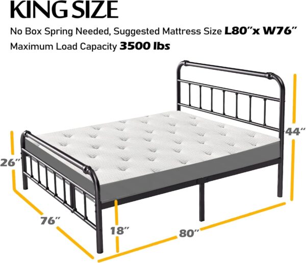 King Size Bed Frame with Headboard and Footboard, 18 Inches High, 3500 Pounds Heavy Duty Metal Slats Support for Mattress, No Box Spring Needed,Noise-Free, Black - Image 2