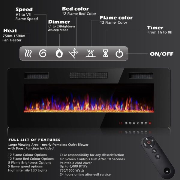 BOSSIN 50 inch Ultra-Thin Silence Linear Electric Fireplace, Recessed Wall Mounted Fireplace, Fit for 2 x 4 and 2 x 6 Stud, 12 Adjustable Flame Color & Speed,Touch Screen Remote - Image 4