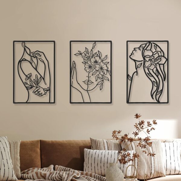 CHENGU 3 Pieces Metal Minimalist Abstract Woman Wall Art Line Drawing Wall Art Decor Single Line Female Home Hanging Wall Art Decor for Kitchen Bathroom Living Room (Flower) - Image 5