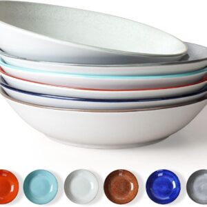 Pasta Bowls Set of 6, 25 Ounce Ceramic Salad Bowls, 7.85 Inch Dinner Plates, Serving Bowls for Party, Plates and Bowls Sets, Shallow Soup Bowls, Microwave Dishwasher Safe, Multicolored