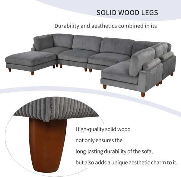 Free Combination Convertible Modular Sectional Sofa with Movable Ottomans , 163'' Oversized Corduroy Upholstered Sleeper Corner Couch Sofabed with Wooden Legs and Detachable Cushions for Living Room - Image 7