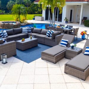 Sorrento 19-Piece Resin Wicker Outdoor Patio Furniture Combination Set in Gray w/Sectional Set, Six-seat Dining Set, and Chaise Lounge Set (Flat-Weave Gray Wicker, Sunbrella Canvas Charcoal)