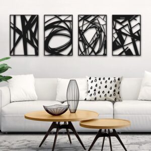 Black Abstract Wall Art, Metal Art Wall Decor, Modern Large Wall Art, 3D Abstract Wall Sculptures for Bedroom Bathroom Living Room (4 Pack, 16 x 11 in)