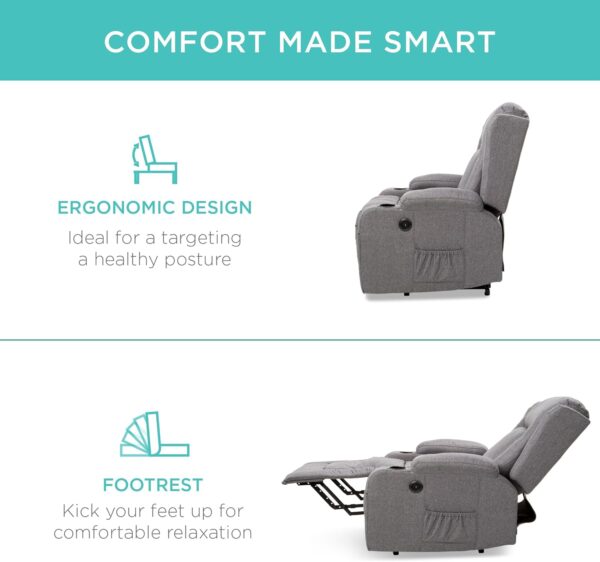 Best Choice Products Modern Linen Electric Power Lift Chair, Recliner Massage Chair, Adjustable Furniture for Back, Legs w/ 3 Positions, USB Port, Heat, Cupholders, Easy-to-Reach Button - Gray - Image 7