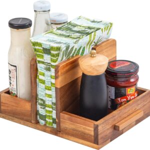 Napkin Holder for Table,Wooden Napkins Holder with Salt and Pepper Shakers Caddy,Standing Paper Napkin Storage for Kitchen Countertop Dining Table Decor(Acacia Wood)