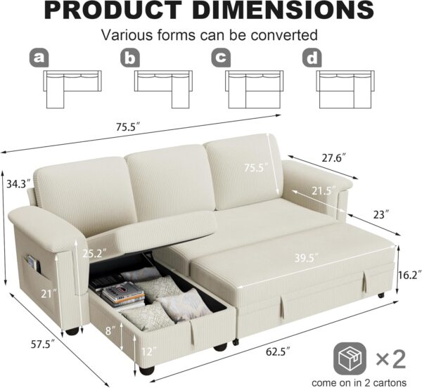 YESHOMY Sectional Modular Sofa U Shaped Chenille Fabric Couch with High Supportive & Soft Sponges and Removable Ottoman, Sleeper Comfy Upholstered Furniture for Living Room, Cream White - Image 2