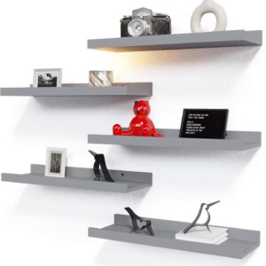 RICHER HOUSE Mounted Shelves for Wall Decor, Modern Picture Ledge Shelf with Lip for Wall Storage, Floating Shelves for Nursery, Bedroom, Living Room, Bathroom - Grey