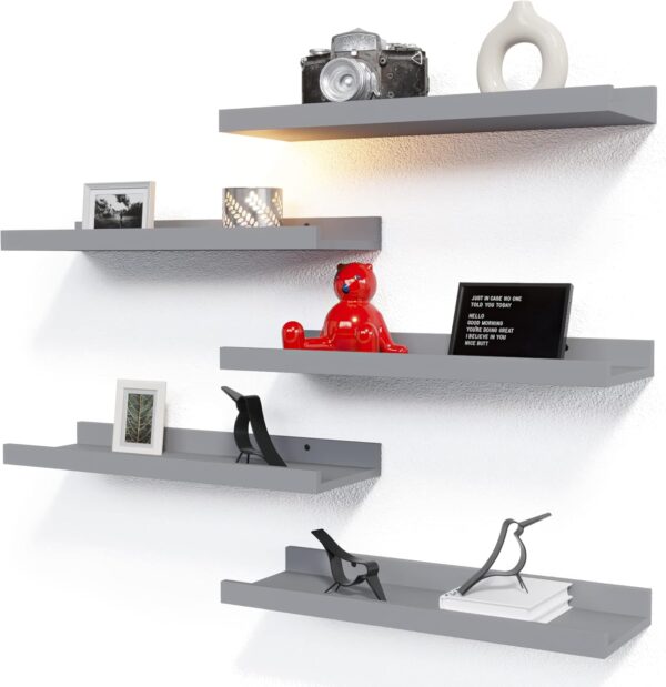 RICHER HOUSE Mounted Shelves for Wall Decor, Modern Picture Ledge Shelf with Lip for Wall Storage, Floating Shelves for Nursery, Bedroom, Living Room, Bathroom - Grey