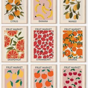 Fruit Market Wall Art Print Set of 9, Abstract Colorful Fruit Posters, Fruit Market Prints Lemon Orange Banana Strawberry Mango Grapefruit Kitchen Gallery Wall Decor, Canvas Paintings for Dining Room,