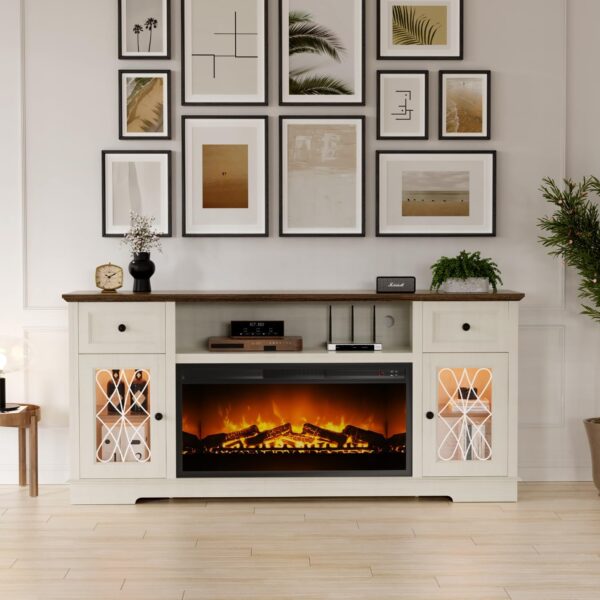Fireplace TV Stand, Farmhouse Entertainment Center with 36" Electric Fireplace and Led Lights, for 80 Inch TV, Fire Place TV Stands for Living Room with Glass Door Closed Storage - Image 6