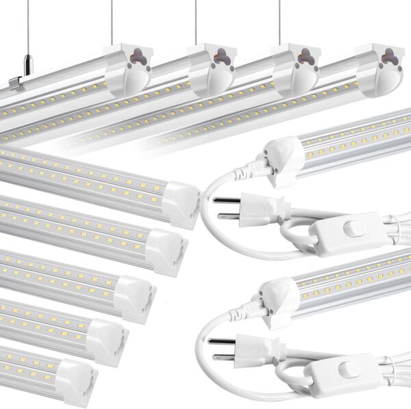 8FT LED Shop Light 10 Pack, Hanging/Surface Mount 6000K/White Light LED Tube Light, Plug & Play 72W 11520LM Super Bright High Output T8 LED Ceiling Lighting, Linkable Shop Lights for Garage