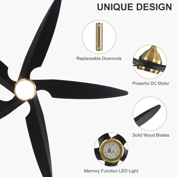 54 Inch Modern Ceiling Fan with Lights and Remote, 5 Wood Blades, 6-Speed Noiseless Reversible DC Motor with Replaceable Downrods for Bedroom Living Room Dining Room, Gold and Black. - Image 6