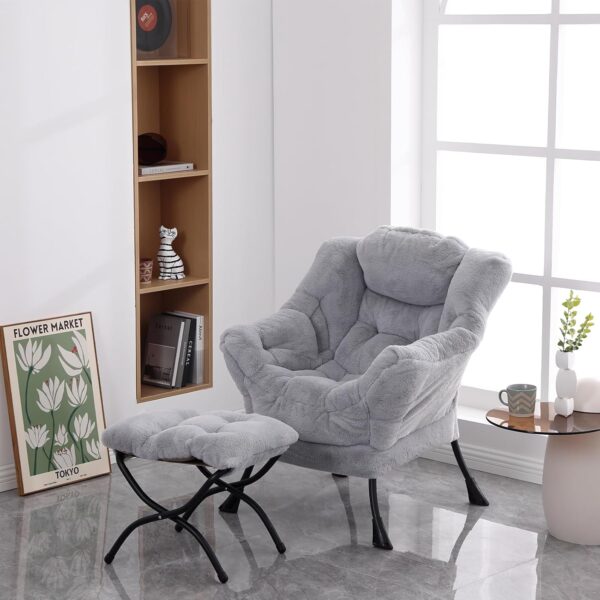 Lazy Chair with Ottoman, Modern Soft Reading Chair Accent Contemporary Lounge Leisure Sofa Chair with Armrests and a Side Pocket for Living Room, Bedroom, Dorm & Office, Plush Grey - Image 4