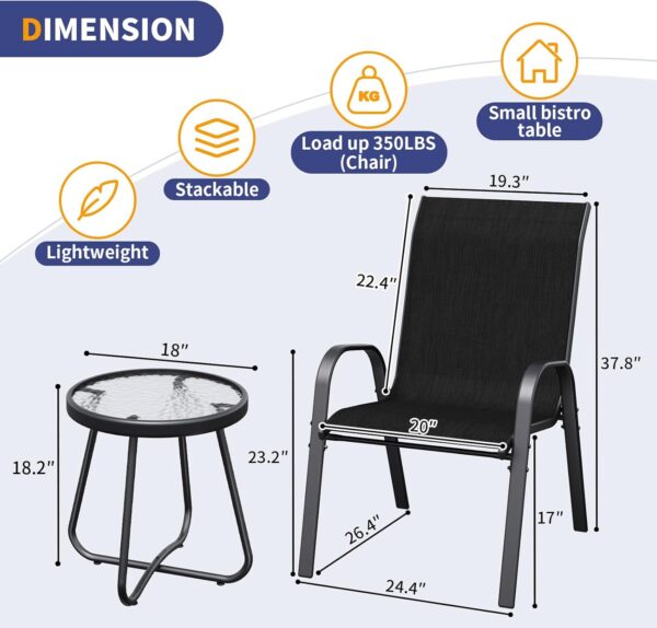 Amopatio 3 Piece Patio Set, Outdoor Stackable Dinging Chairs for All Weather, Breathable Garden Outdoor Furniture for Backyard Deck, Black - Image 2