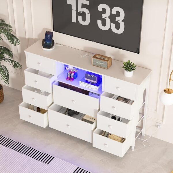 LDTTCUK Dresser with Charging Station and LED Lights, Long Dresser for Bedroom Dresser TV Stand with 10 Drawers, Fabric Chest of Drawers with PU Finish, Wide Dresser Storage Organizer, White - Image 4