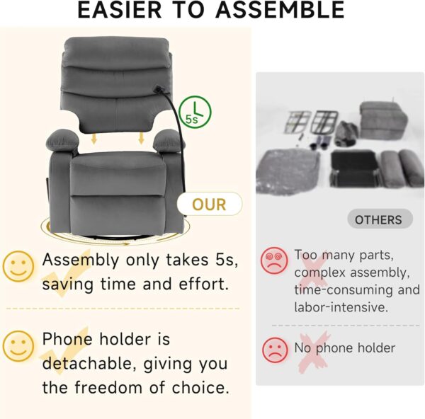 Swivel Rocker Recliner Chair for Adults, Rocking Recliner Chair, Manual Small Recliners for Small Spaces, Living Room, Nursery, RV, Light Grey - Image 7