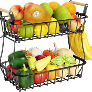 ANTOPY 2 Tier Fruit Basket with 2 Banana Hangers, Countertop Fruit Vegetable Basket Bowl for Kitchen Counter Metal Wire Storage Basket Fruits Stand Holder Organizer for Bread Snack Veggies Produce