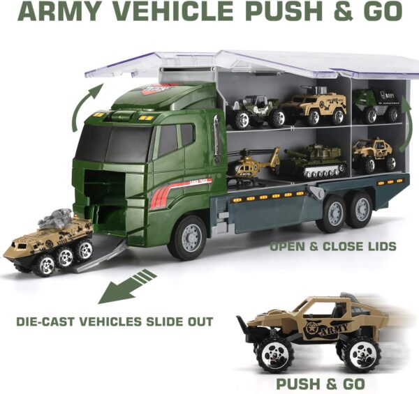 26 Pcs Military Truck with Soldier Men Set(2 in 1), Mini Die-cast Battle Car in Carrier Truck, Army Toy Double Side Transport Vehicle for Kid Child Girl Boy Play Birthday Party Favors - Image 5